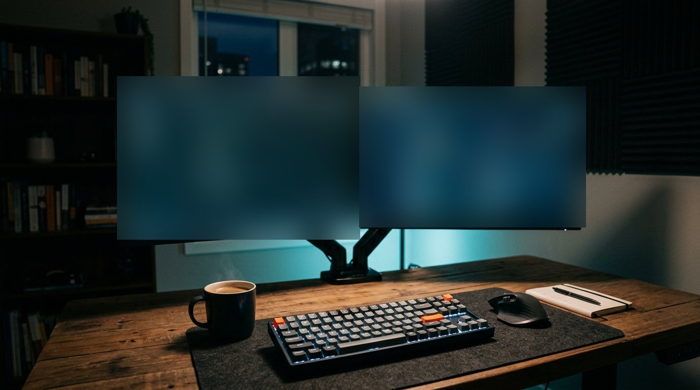 A workstation with two monitors and a keyboard in a dimmed office, the screens glowing softly out of focus.