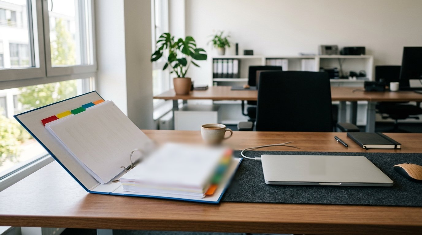 Ein aufgeschlagener Ordner mit Registerreitern neben einem Laptop auf einem Schreibtisch, im Hintergrund unscharf ein Büro.