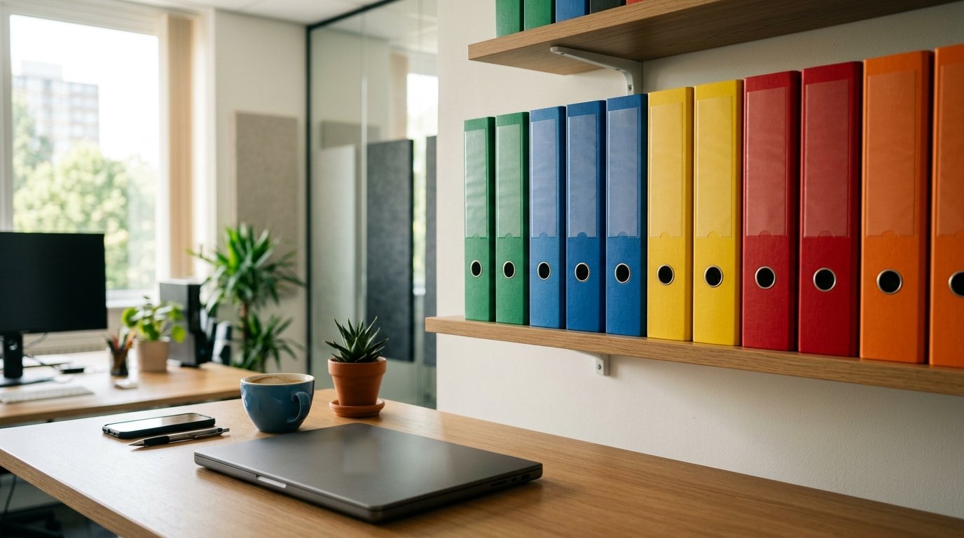 Eine Reihe Archivordner mit farbigen, unbeschrifteten Rücken auf einem Regal in einem hellen IT-Büro, davor ein geschlossener Laptop.
