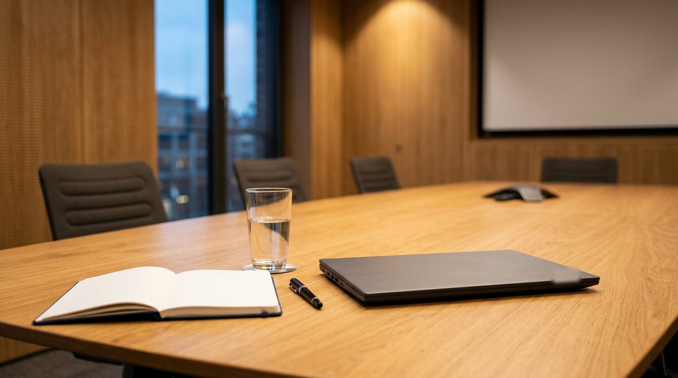 Ein Konferenztisch mit geschlossenem Laptop, einem Glas Wasser und einem leeren Notizblock unter warmem Licht in einem Besprechungsraum.