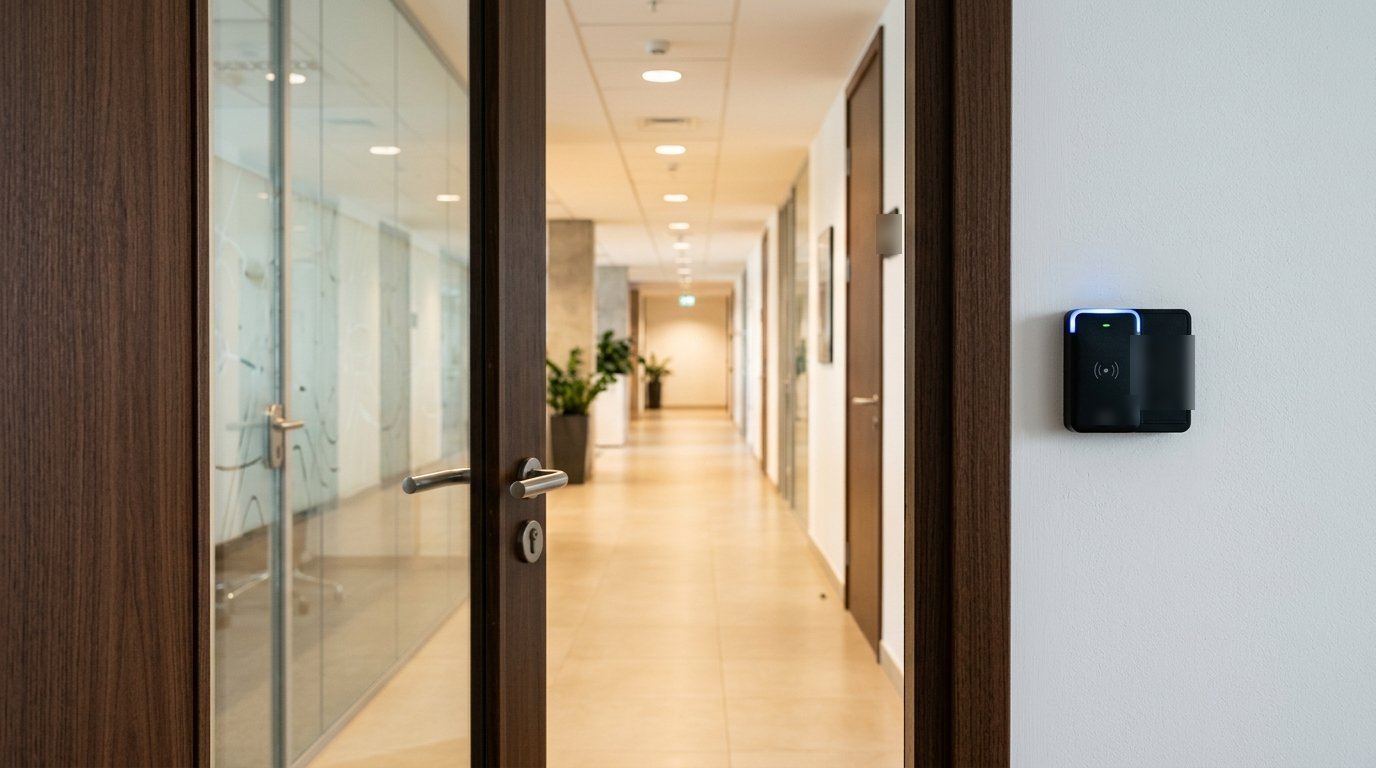 An open office door with a card reader on the wall beside it, an empty lit corridor beyond.