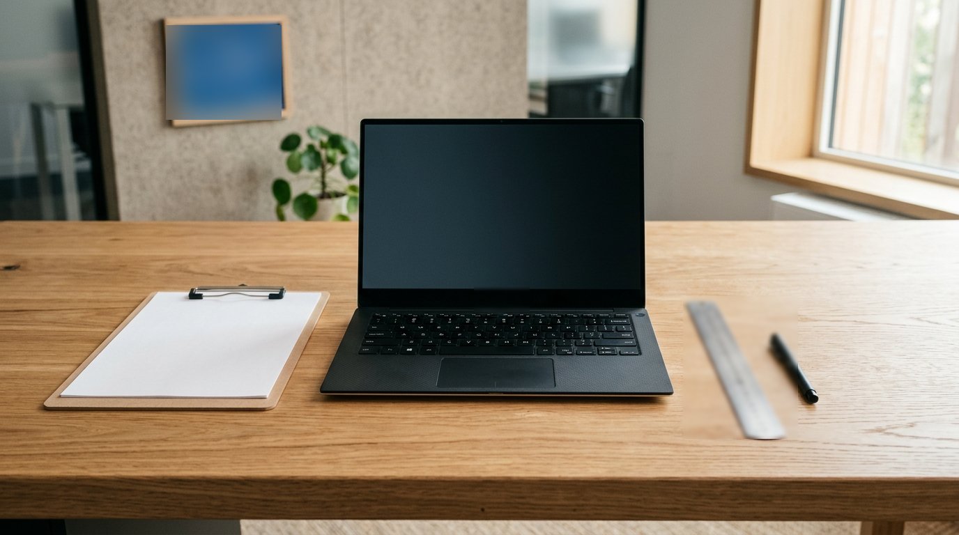 Ein leeres Klemmbrett neben einem dunklen Laptop und einem Stahllineal auf einem Holzschreibtisch unter weichem Licht.
