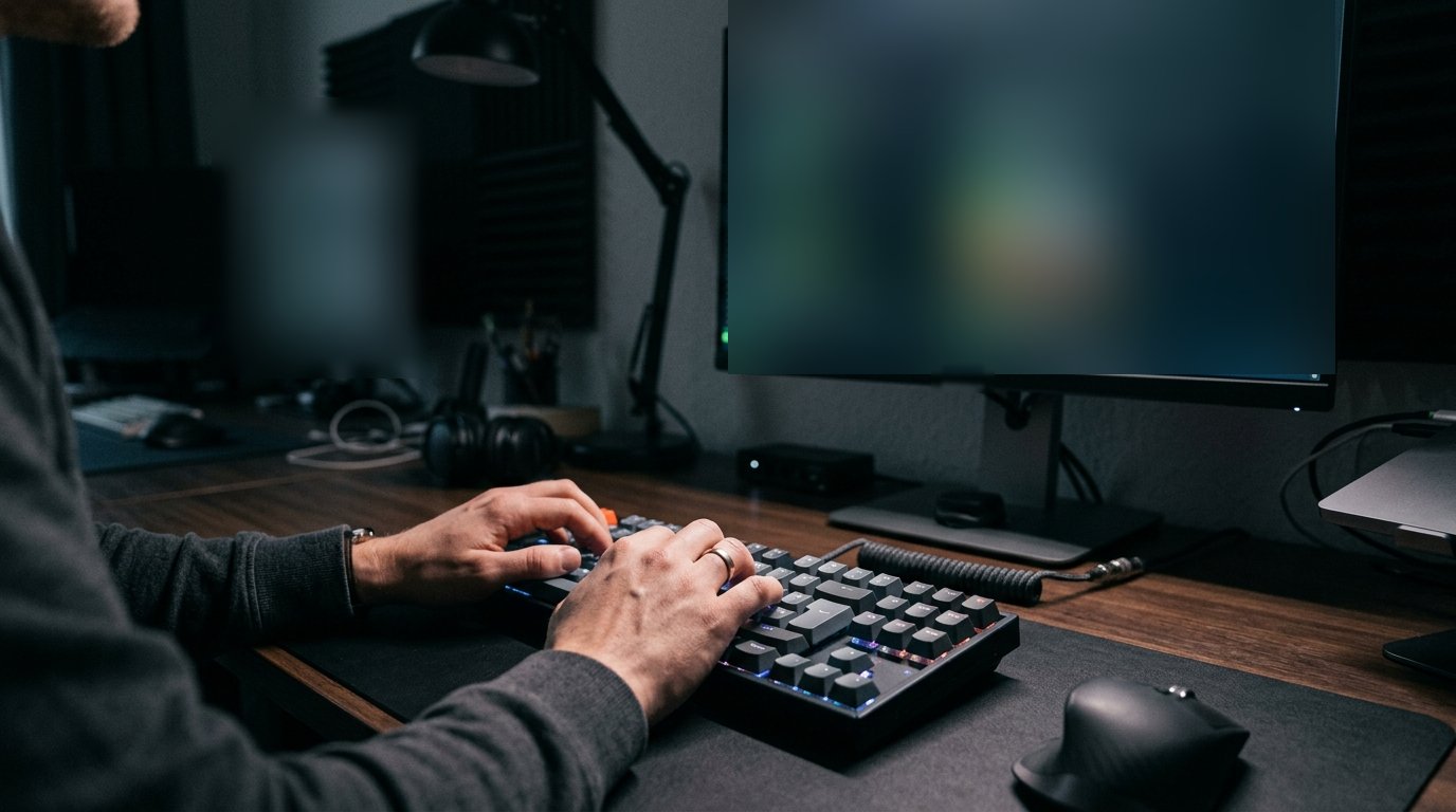 A developer's hands on a mechanical keyboard, a monitor behind with a softly blurred terminal glow, a small office at night.