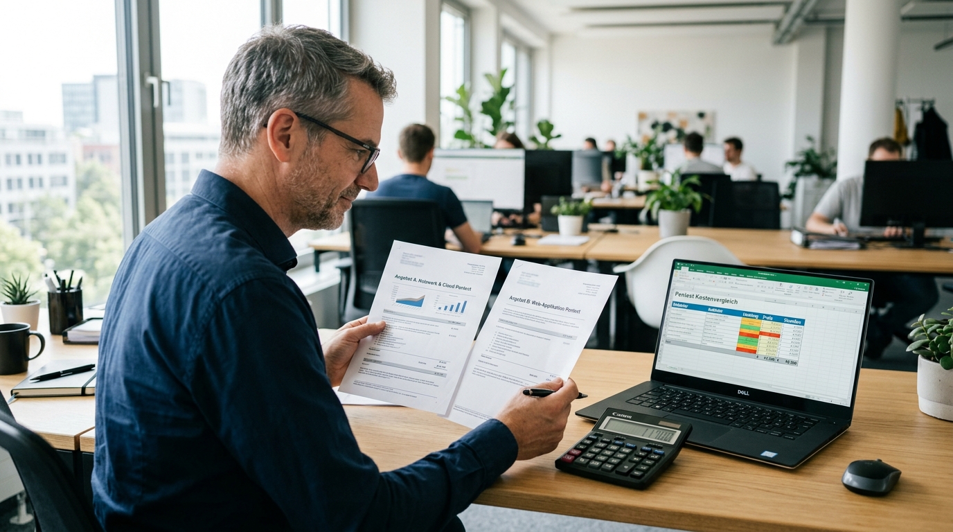 Zwei Pentest-Angebote im Vergleich: Der Preis erklärt sich erst über Scope, Testtage und Nachtest.