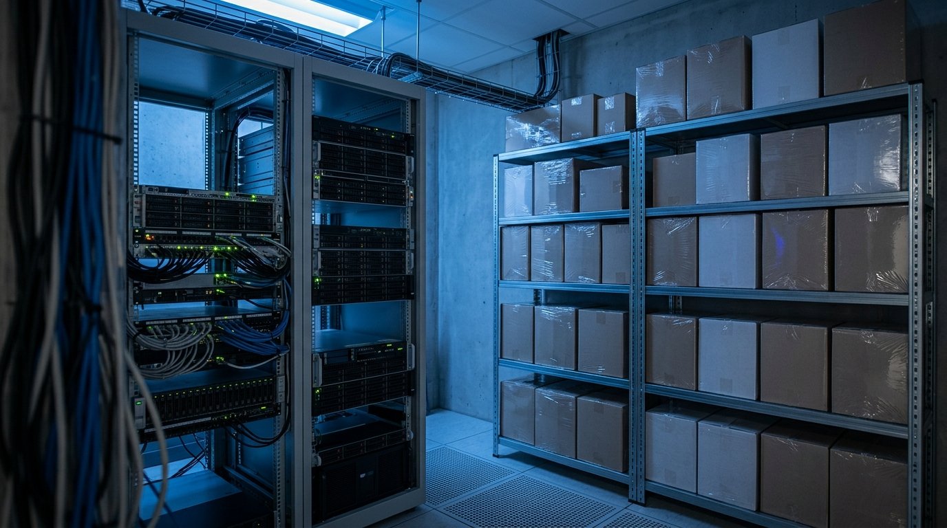 A small server room with a network rack and a shelf of unlabelled shrink-wrapped boxes in cool blue light.
